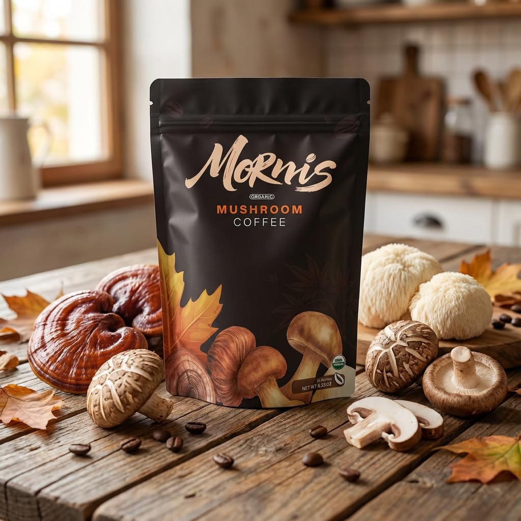 Mornis Mushroom Coffee, Adaptogenic 6 Mushrooms with Lion's Mane, Reishi, Cordyceps, Shiitake, King Trumpet & Turkey Tail, Instant Coffee Powder for Energy, Digestion & Immune Support, 30 Servings