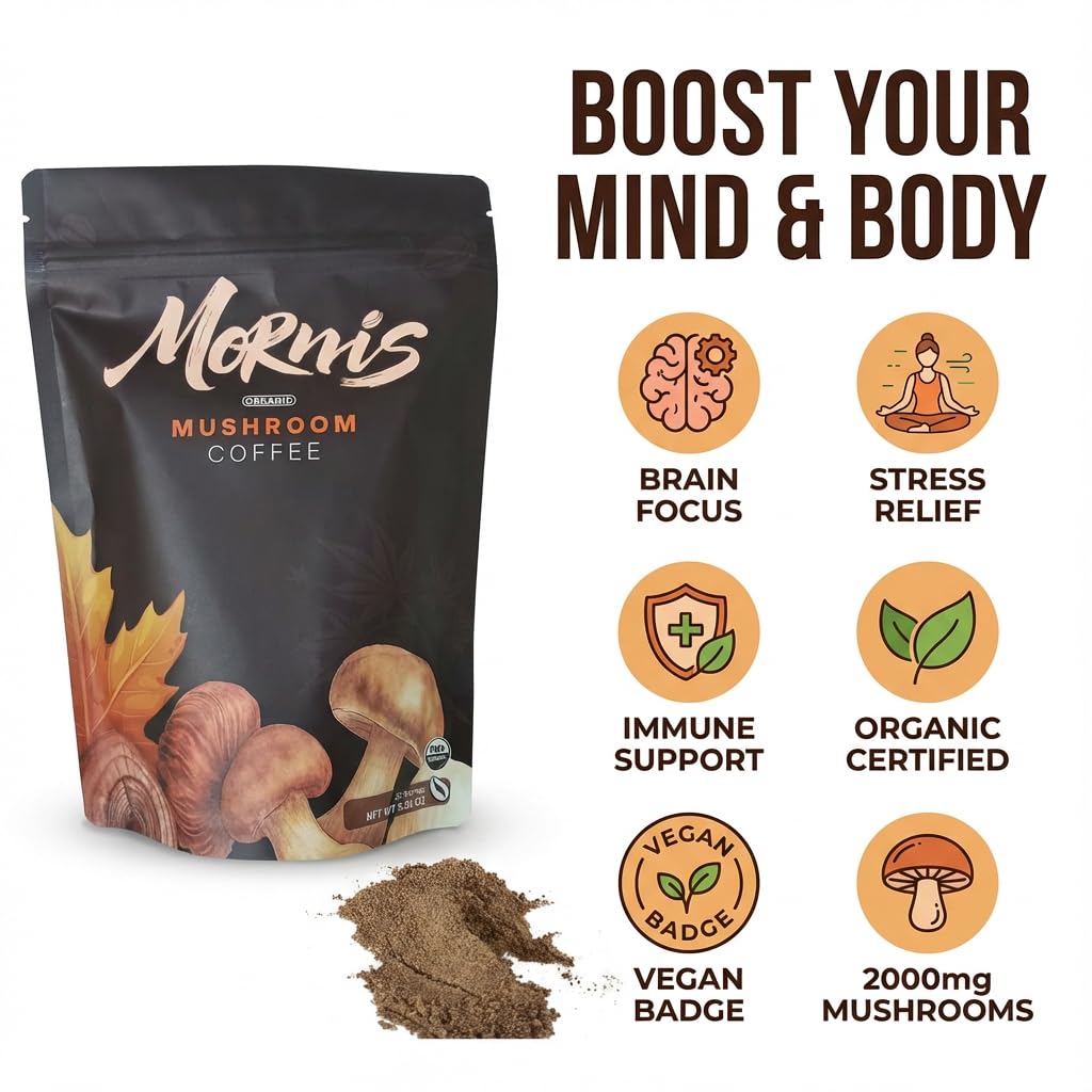 Mornis Mushroom Coffee, Adaptogenic 6 Mushrooms with Lion's Mane, Reishi, Cordyceps, Shiitake, King Trumpet & Turkey Tail, Instant Coffee Powder for Energy, Digestion & Immune Support, 30 Servings