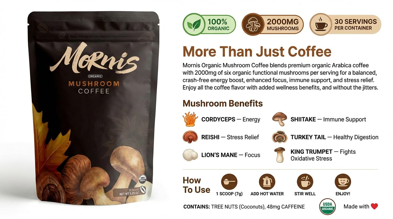 Mornis Mushroom Coffee, Adaptogenic 6 Mushrooms with Lion's Mane, Reishi, Cordyceps, Shiitake, King Trumpet & Turkey Tail, Instant Coffee Powder for Energy, Digestion & Immune Support, 30 Servings
