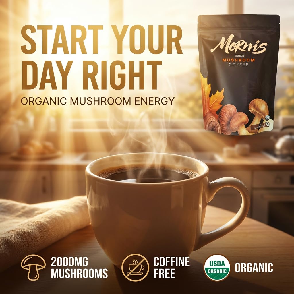 Mornis Mushroom Coffee, Adaptogenic 6 Mushrooms with Lion's Mane, Reishi, Cordyceps, Shiitake, King Trumpet & Turkey Tail, Instant Coffee Powder for Energy, Digestion & Immune Support, 30 Servings