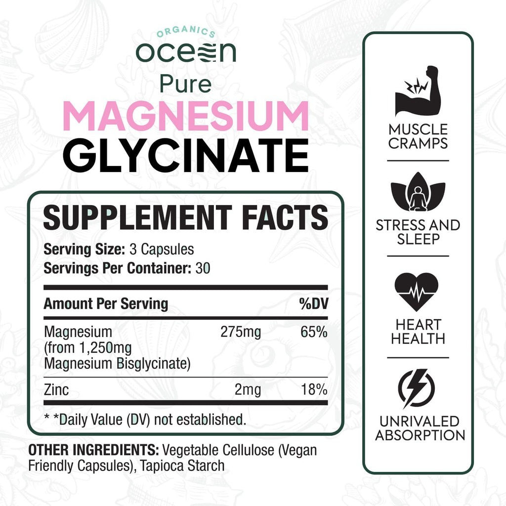 Pure Magnesium Glycinate with Zinc - Maximum Strength Chelated Magnesium Supplement for Women and Men 90 Capsule