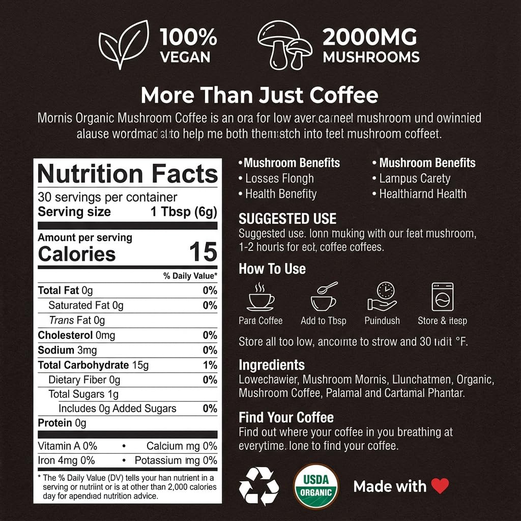 Mornis Mushroom Coffee, Adaptogenic 6 Mushrooms with Lion's Mane, Reishi, Cordyceps, Shiitake, King Trumpet & Turkey Tail, Instant Coffee Powder for Energy, Digestion & Immune Support, 30 Servings