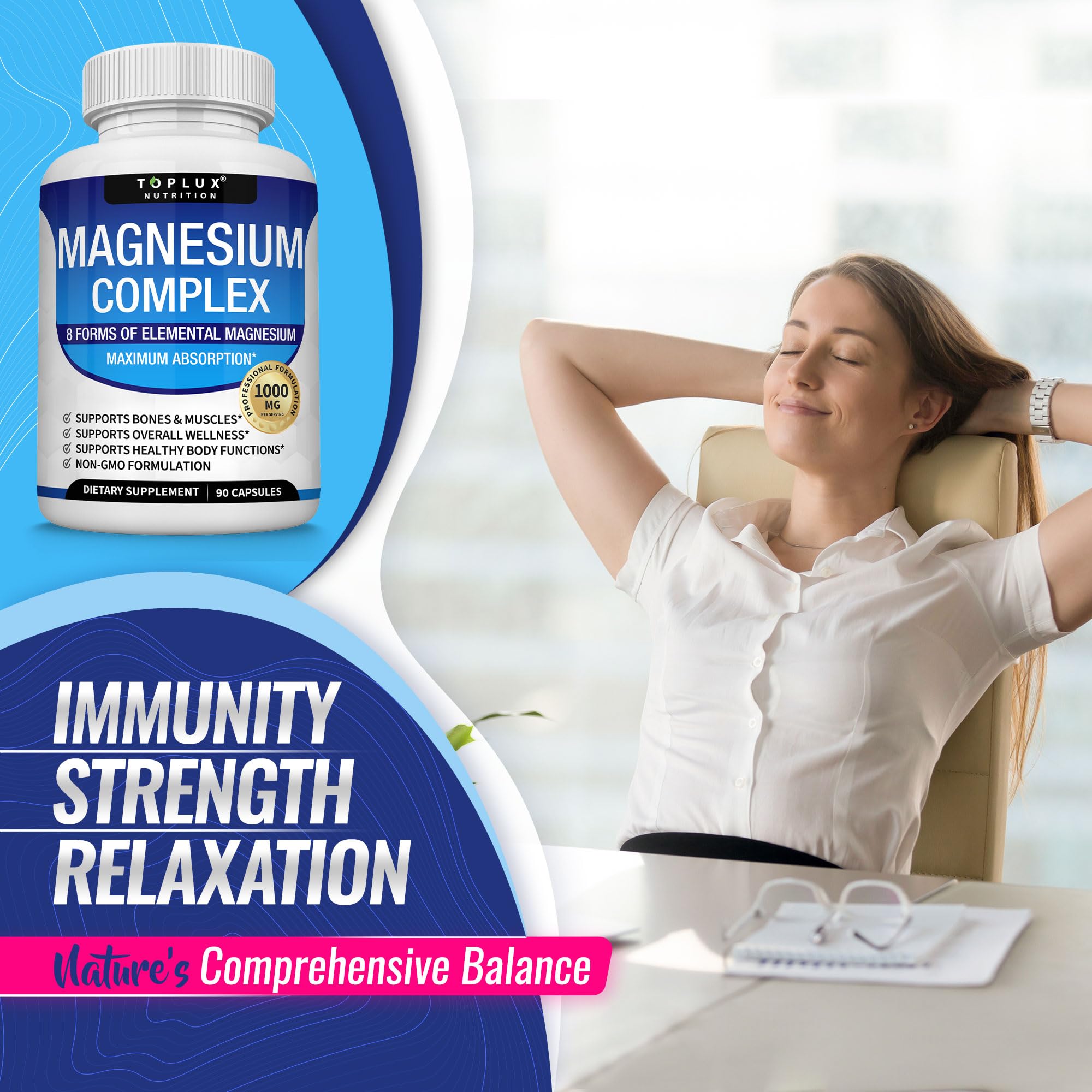 Magnesium Glycinate 8in1 Complex Supplement 1000mg - Magnesium Glycinate, Citrate, Malate, Taurate, Chelated for Health and High Absorption | Third Party Tested, Gluten Free, Non-GMO - Easy to Swallow