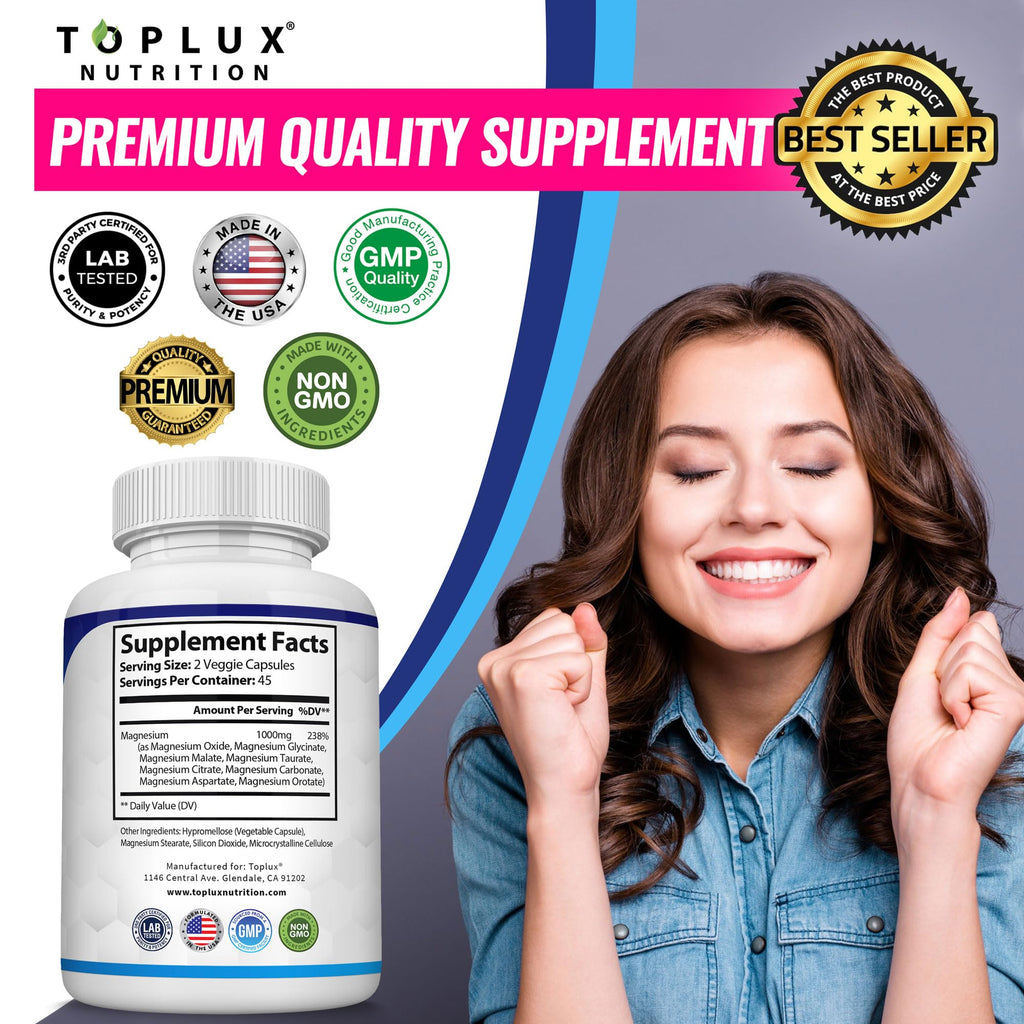 Magnesium Glycinate 8in1 Complex Supplement 1000mg - Magnesium Glycinate, Citrate, Malate, Taurate, Chelated for Health and High Absorption | Third Party Tested, Gluten Free, Non-GMO - Easy to Swallow
