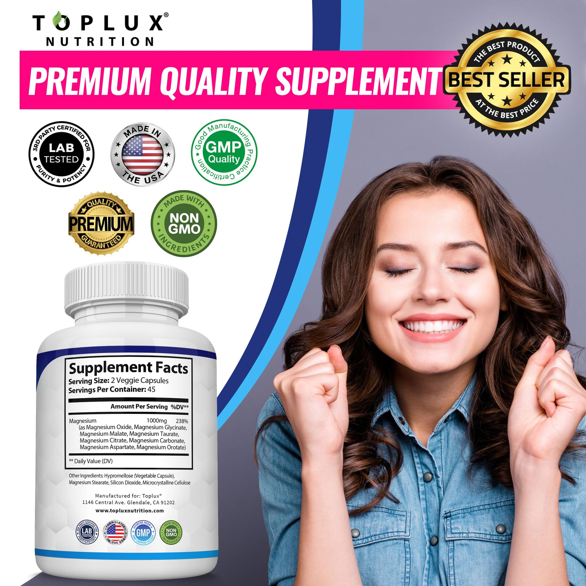 Magnesium Glycinate 8in1 Complex Supplement 1000mg - Magnesium Glycinate, Citrate, Malate, Taurate, Chelated for Health and High Absorption | Third Party Tested, Gluten Free, Non-GMO - Easy to Swallow