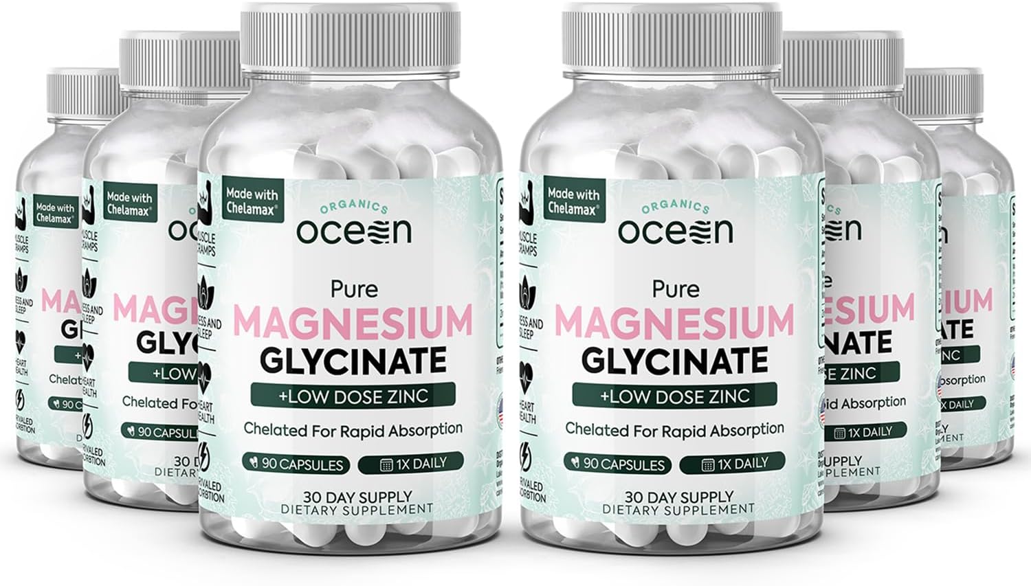 Multiple bottles of Ocean Pure Magnesium Glycinate on a white background