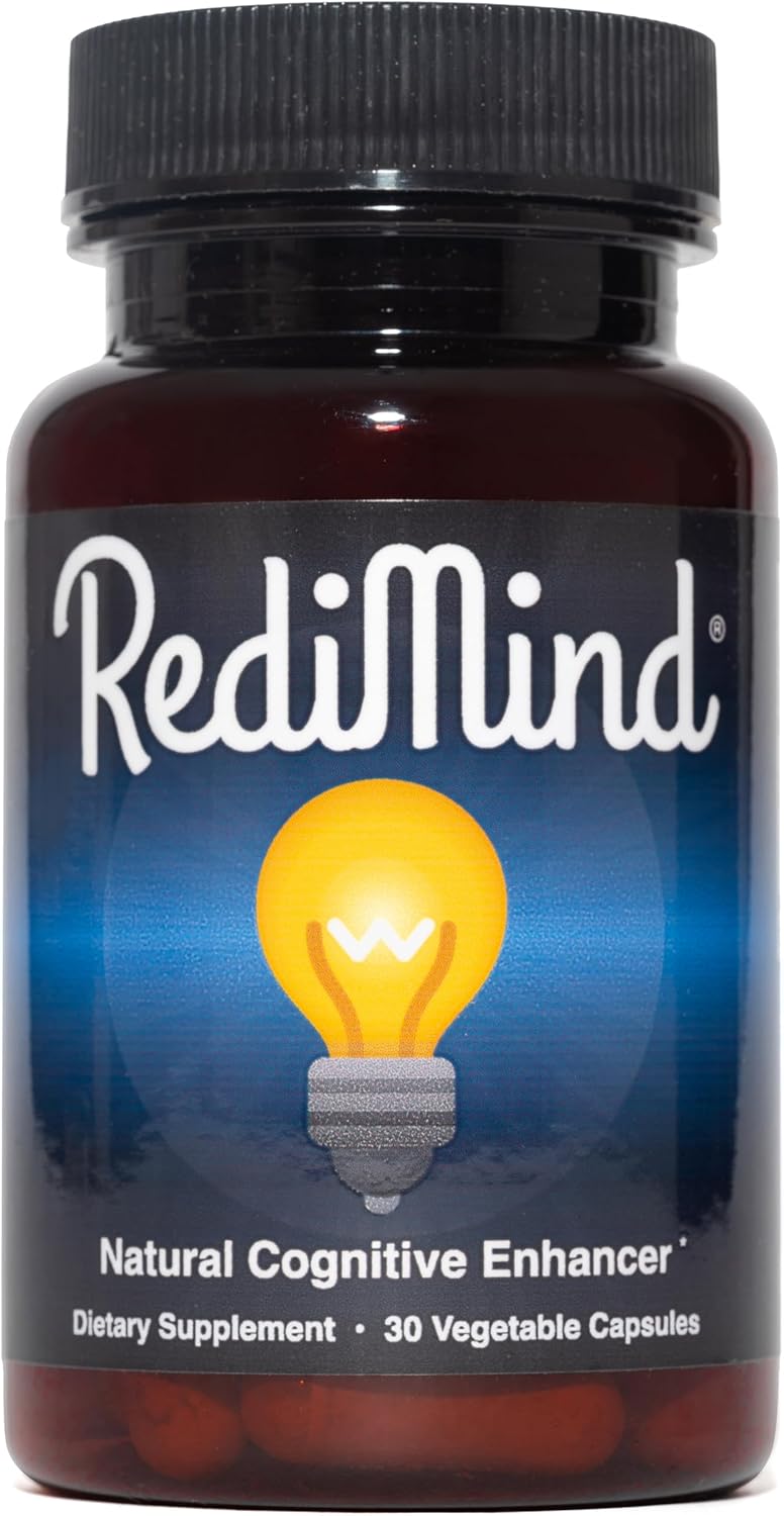 Bottle of RediMind natural cognitive enhancer supplement with a blue label and yellow light bulb graphic.
